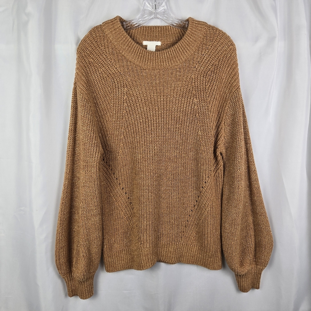 H&M Tan Gold Metallic Knit Balloon Sleeve Crew Neck Sweater Womens Size Medium